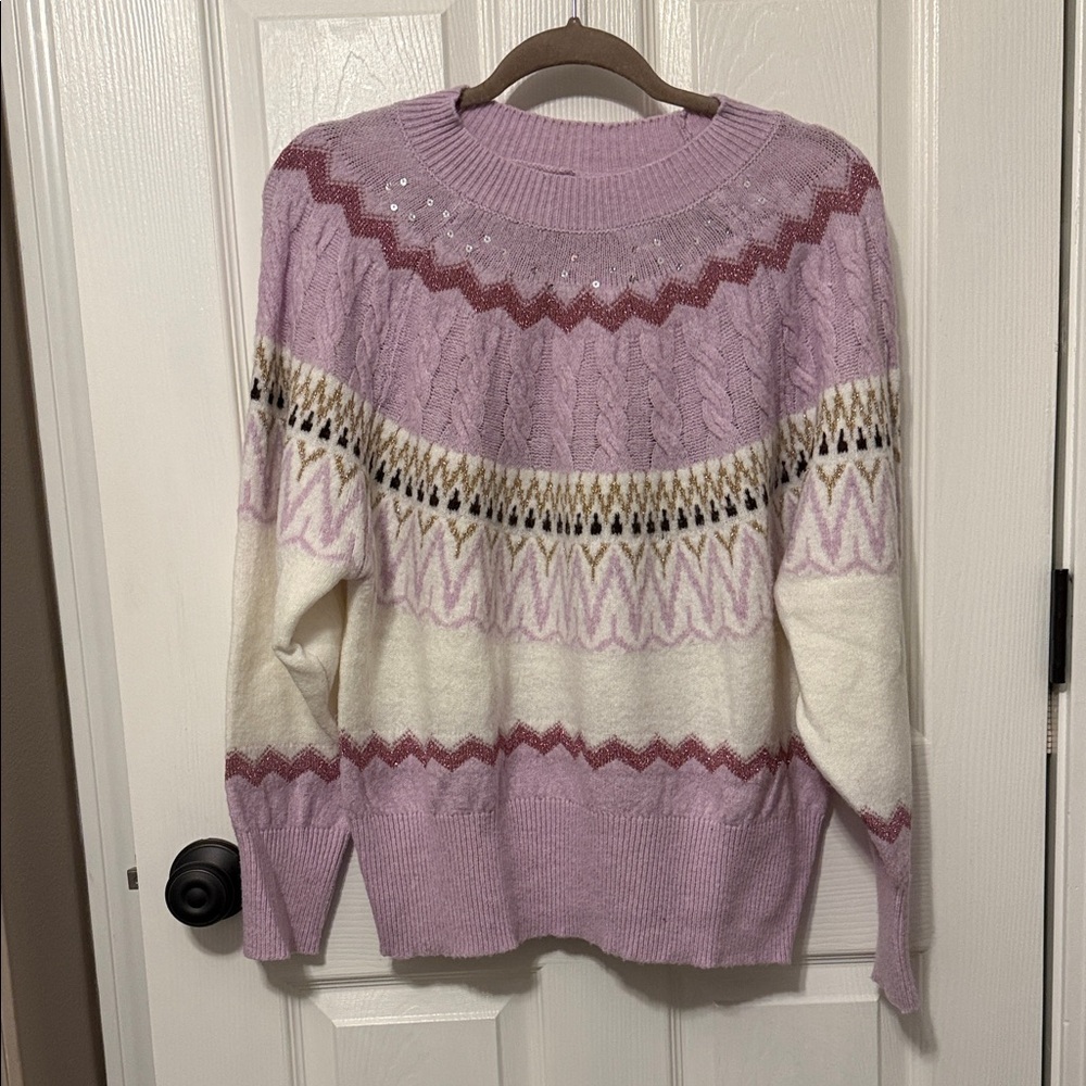 Women's Pink, White, and purple Patterned Sweater